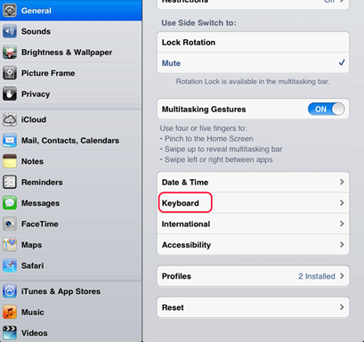 iOS Settings, General, Keyboard